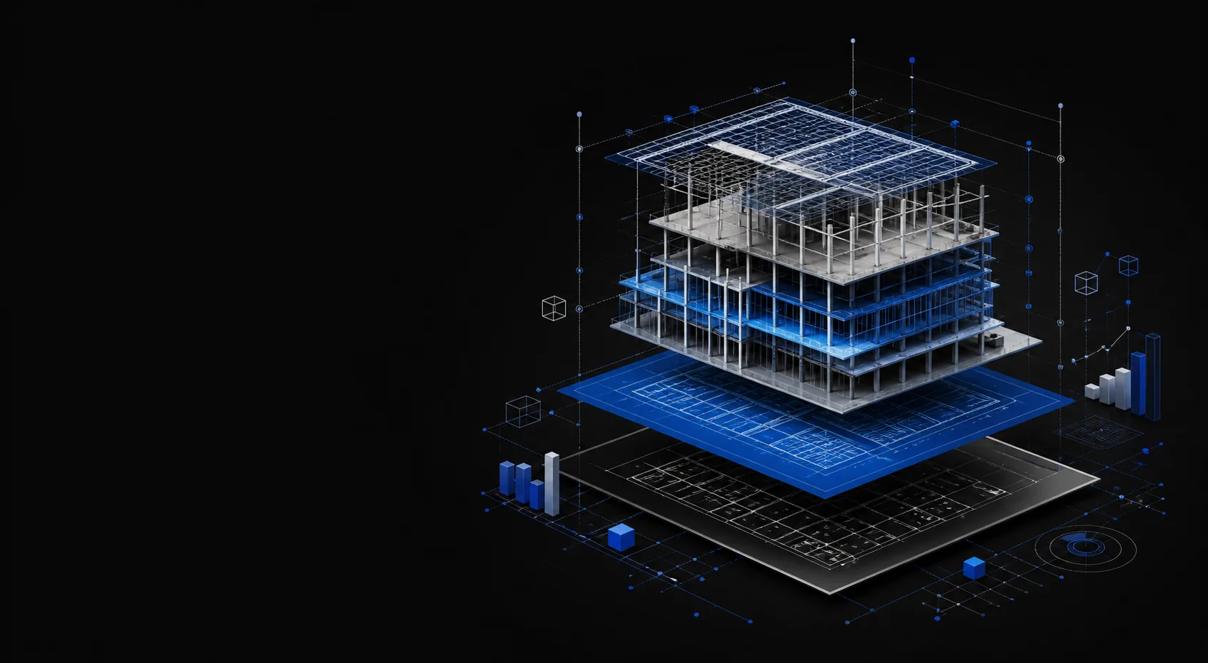 Visualización digital de un edificio en construcción sobre planos técnicos